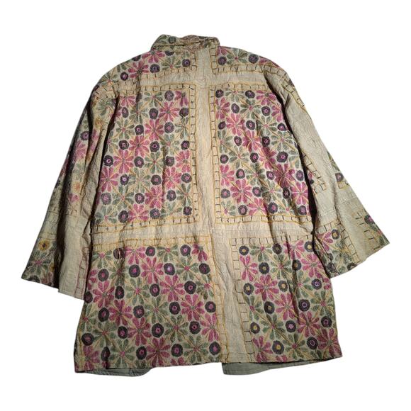 Vtg 1990s Sacred Threads Beige Colorful Floral Embroidered Longline Jacket M L - Picture 2 of 4